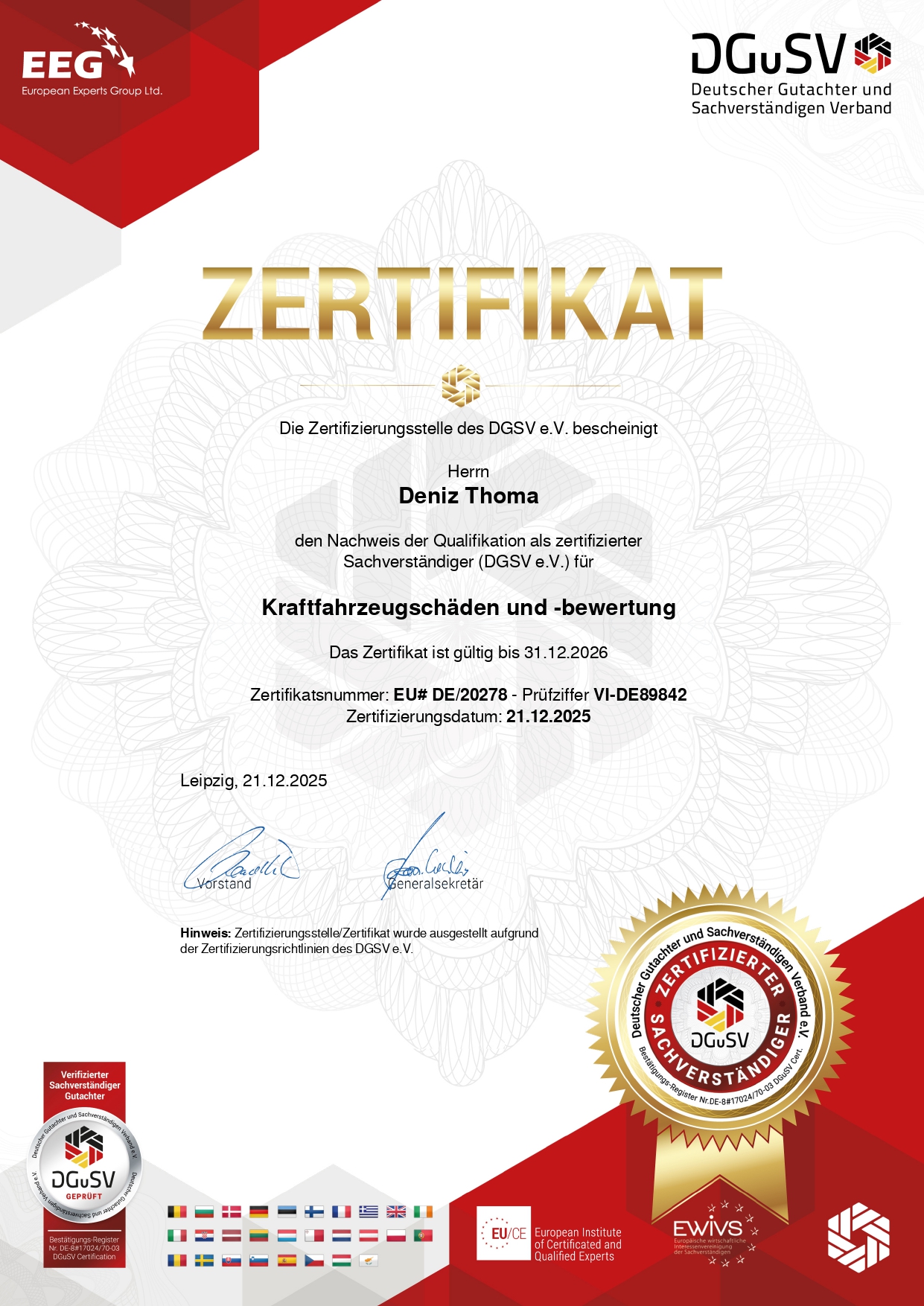 DGuSV Zertifikat – Zertifizierter Sachverständiger für Kraftfahrzeugschäden und -bewertung, Deniz Thoma